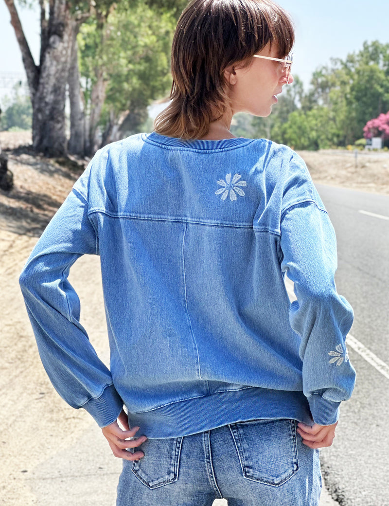 Daisy Embroidered Sweatshirt in Denim Color Back View
