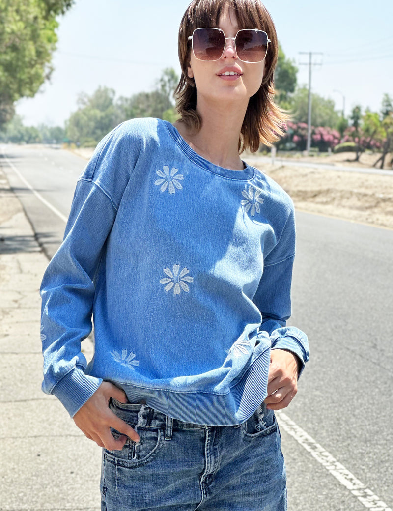 Daisy Embroidered Sweatshirt in Denim Color Front View