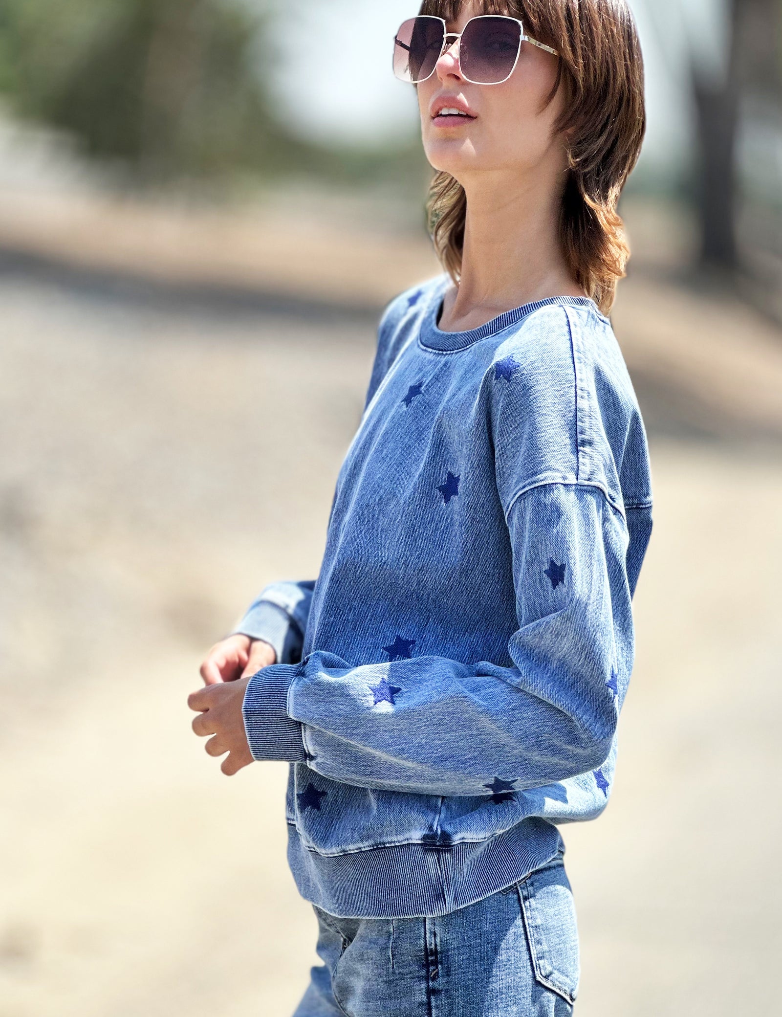 Women's Star Embroidered Denim Sweatshirt – Billy T – billytshop