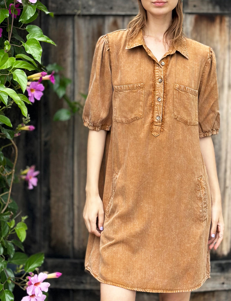 Women's Short Sleeve Freddie Mini Shirtdress in Sand Front View Close Up