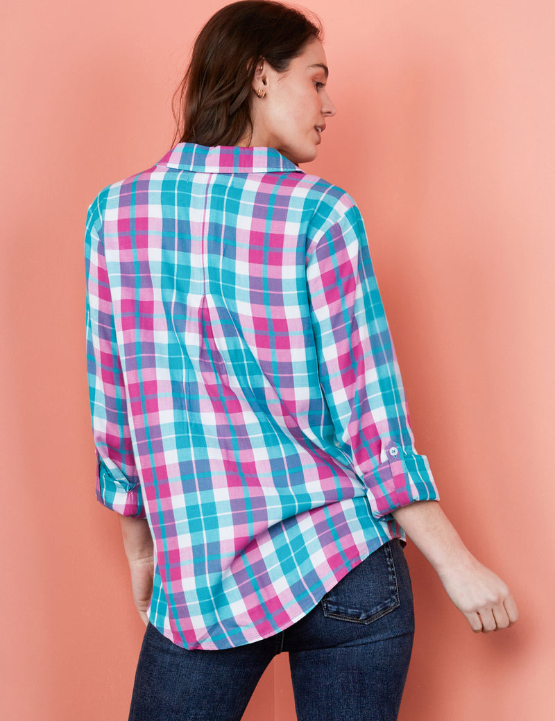 Women's Designer Pink and Blue Plaid Button Down Shirt