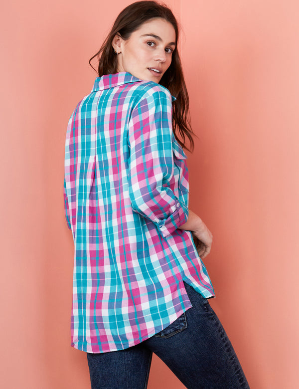 Women's Designer Pink and Blue Plaid Button Down Shirt