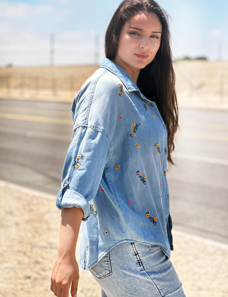 Blue Floral Embroidered Shirt