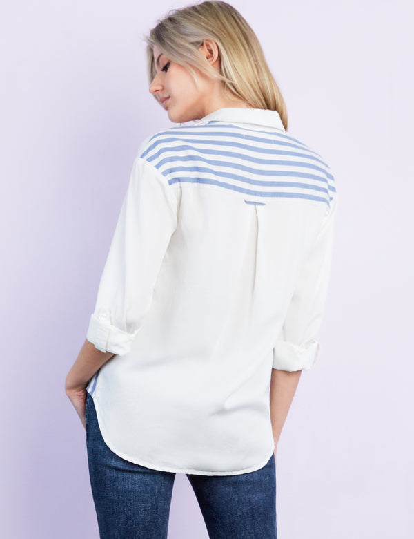 Women's Designer White Button Down Shirt with Striped Back