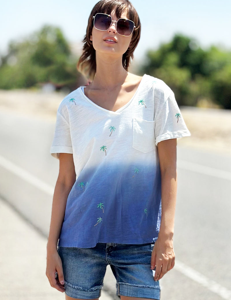 Amazing V-Neck Tee with Palm Tree Embroidery and Blue Dip Dye Front View