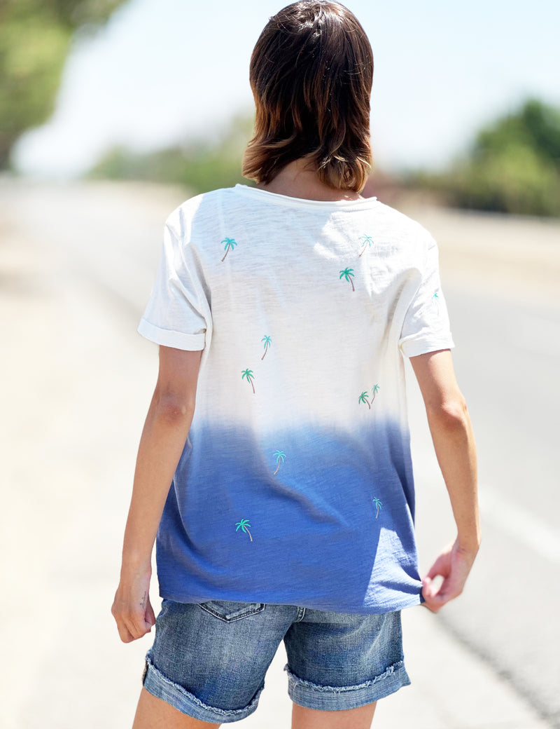 Amazing V-Neck Tee with Palm Tree Embroidery and Blue Dip Dye Back View