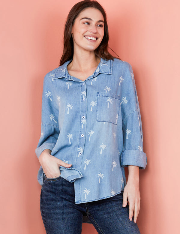 Women's Designer Palm Tree Print Denim Button Up Shirt