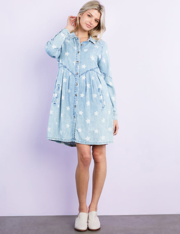 Women's Star Print Denim Babydoll Dress