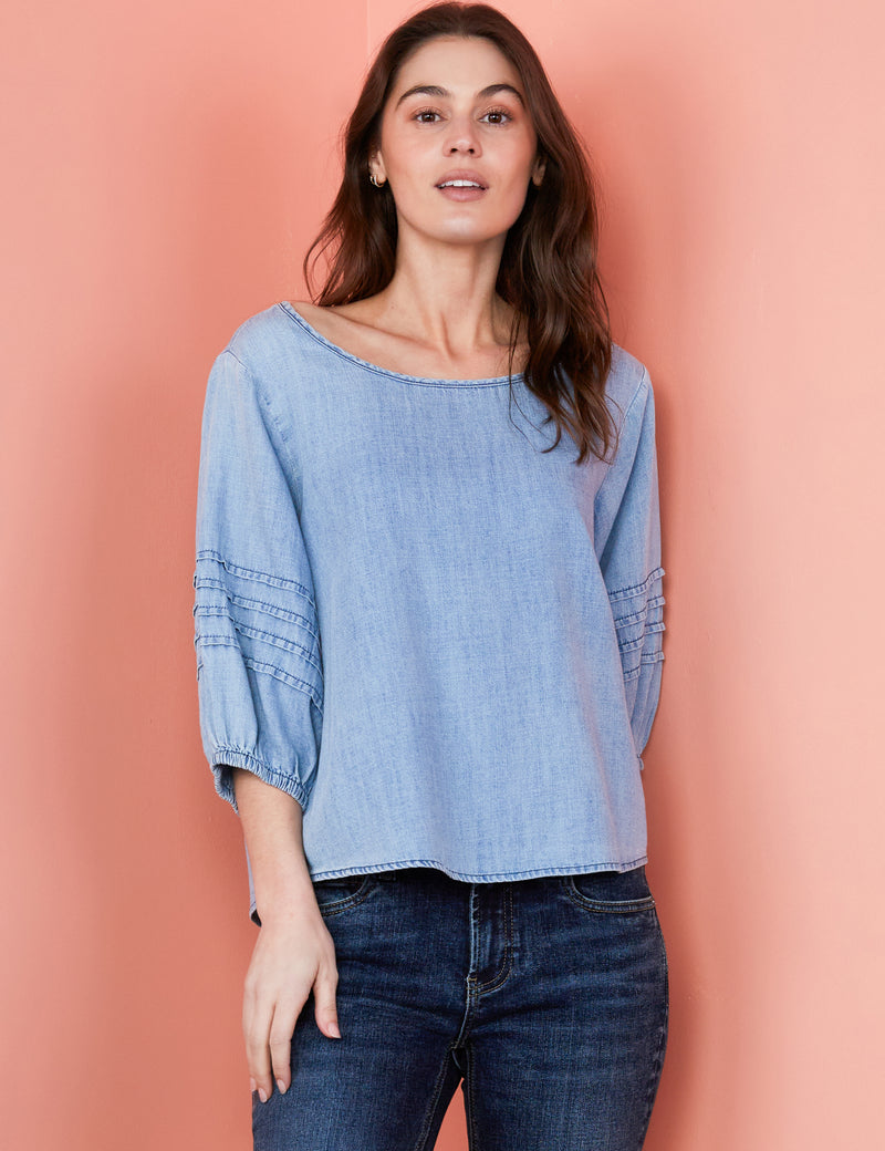 Women's Designer Denim Puff Sleeve Blouse