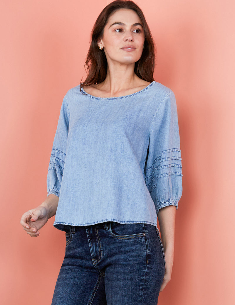 Women's Designer Denim Puff Sleeve Blouse