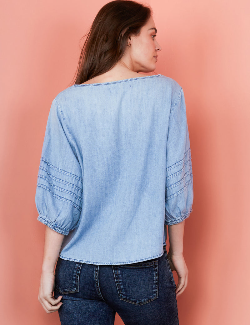 Women's Designer Denim Puff Sleeve Blouse