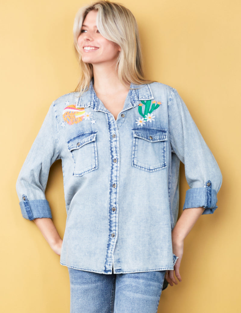 Women's Designer Follow The Sun Embroidered Denim Shirt