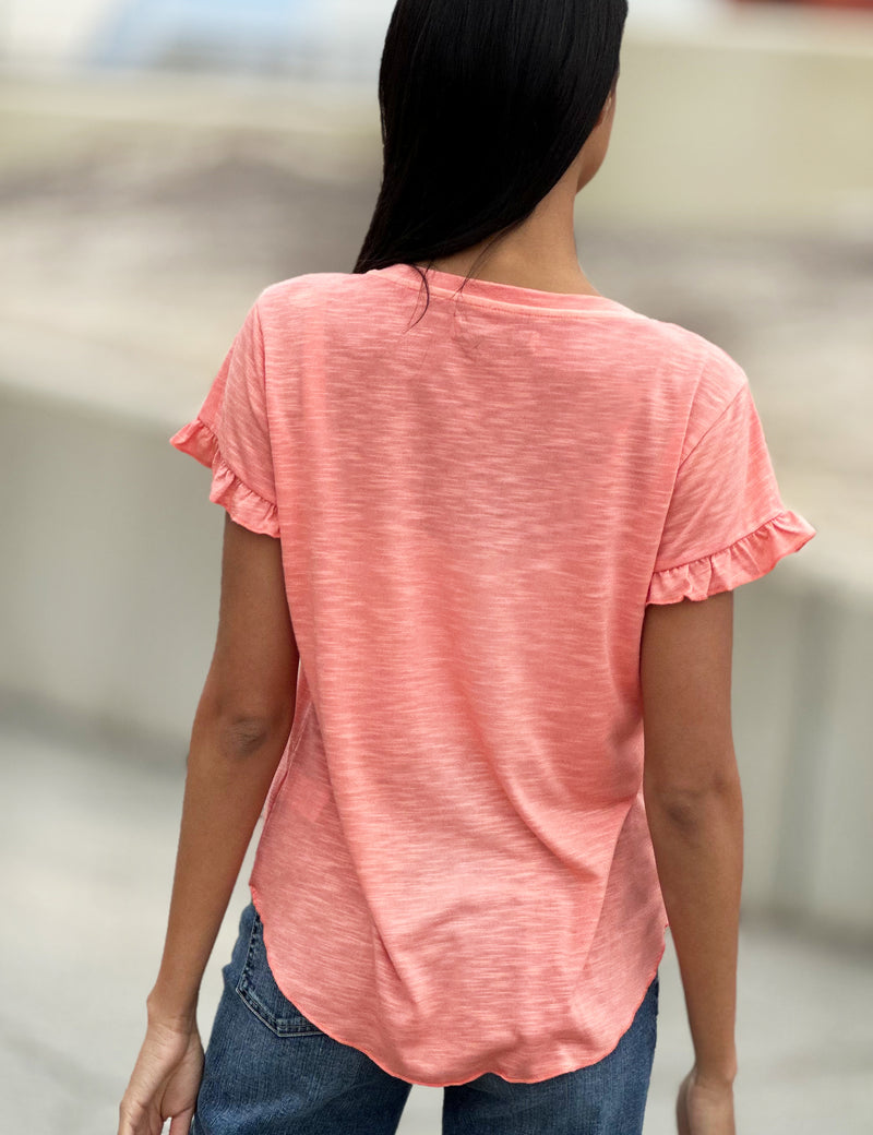 Ruffle Sleeve V-Neck Tee in Citrus Front View