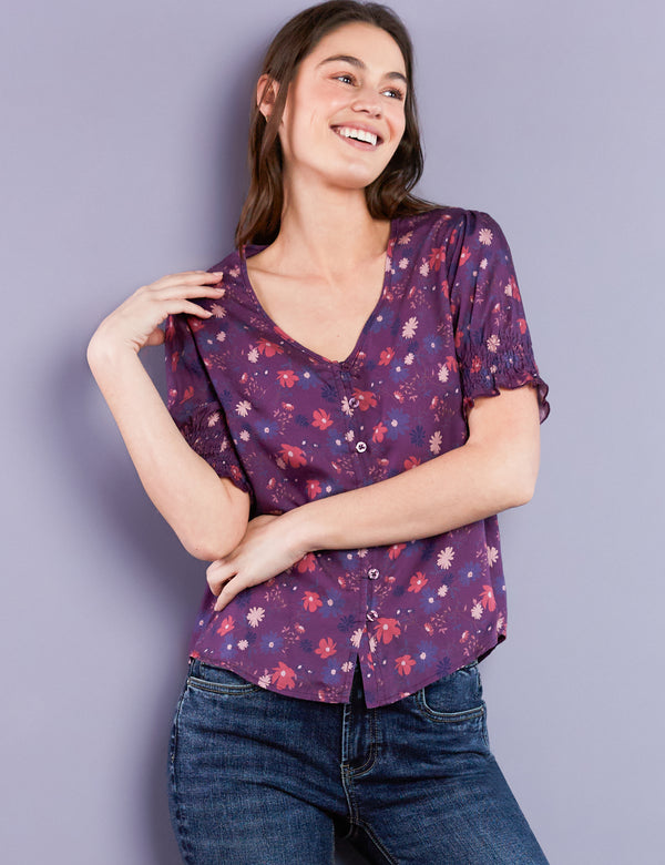 Women's Designer Purple Floral Puff Sleeve Shirt