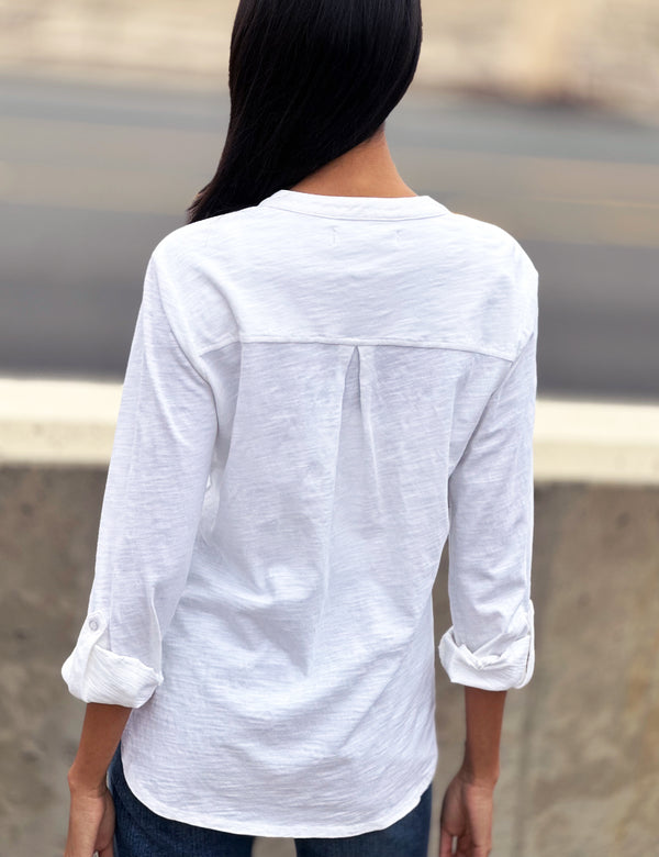 Fine Henley Knit Top Back View in White