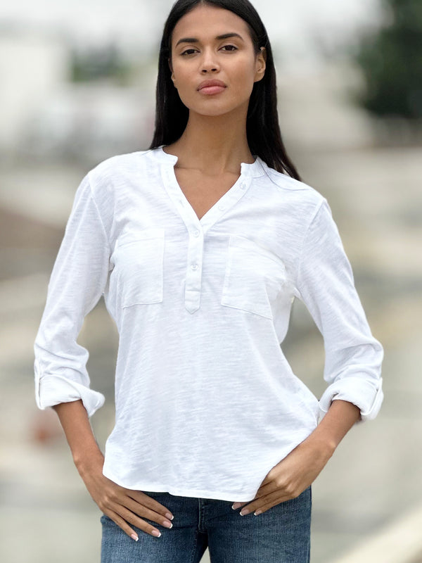 Fine Henley Knit Top Front View in White