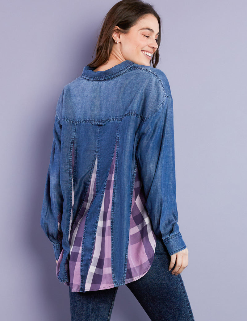 Women's Designer Denim Shirt with Purple Plaid Back Insets