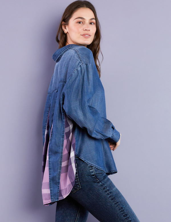Women's Designer Denim Shirt with Purple Plaid Back Insets