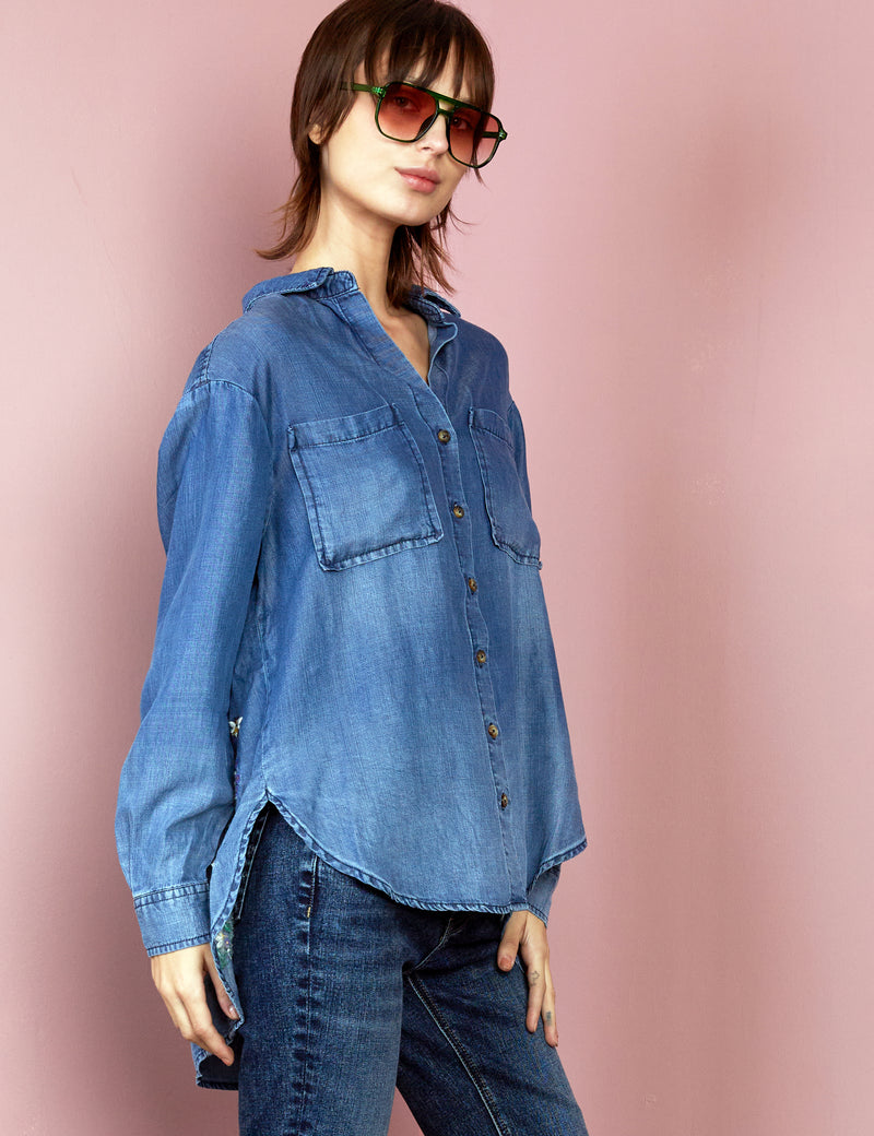 Denim Button Down Shirt with Floral Embroidery on Back Side View