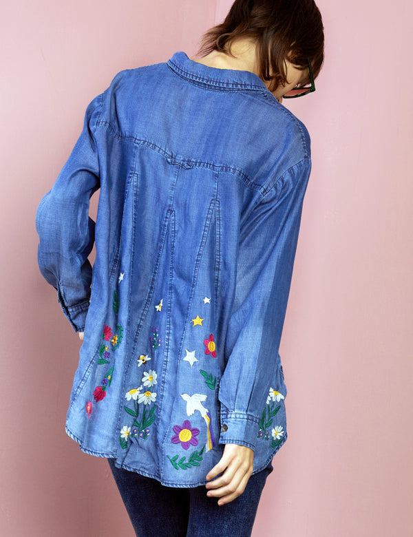 Denim Button Down Shirt with Floral Embroidery on Back Back View