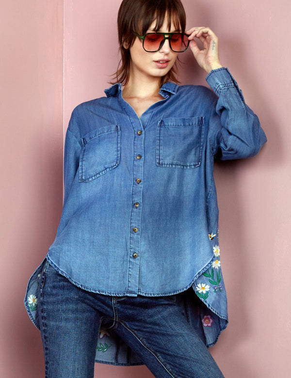 Denim Button Down Shirt with Floral Embroidery on Back Front View