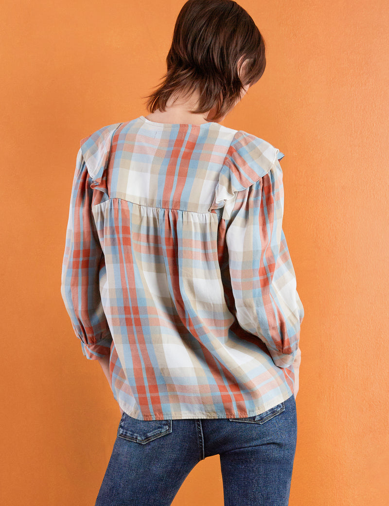 Vintage Plaid Maple Puff Sleeve Shirt Back View