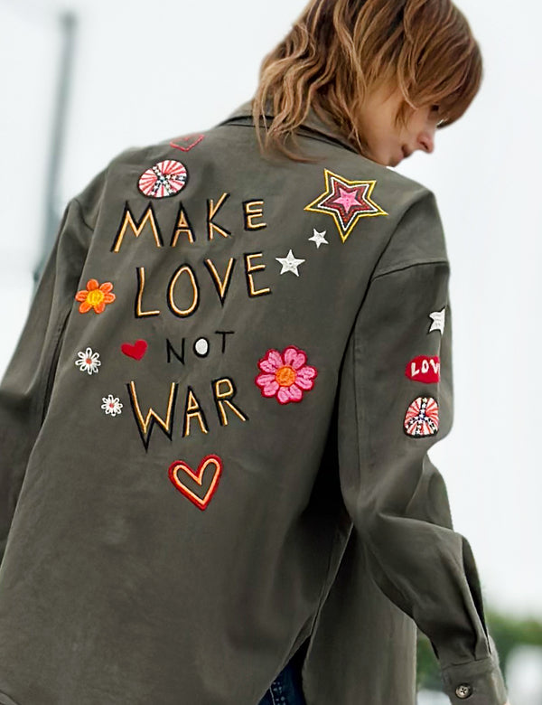 Peace Love and Music Oversized Button Down Shirt Back View Close Up