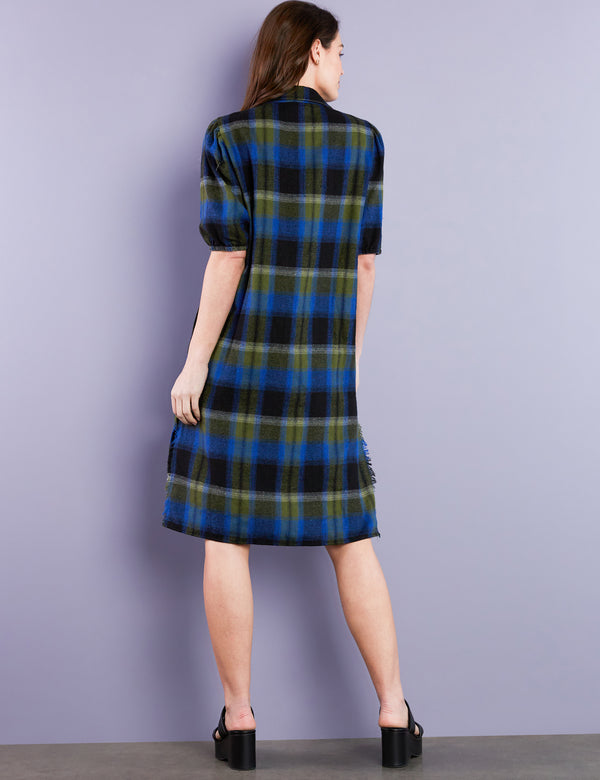 Women's Blue Green Plaid Shirtdress with Puff Sleeves