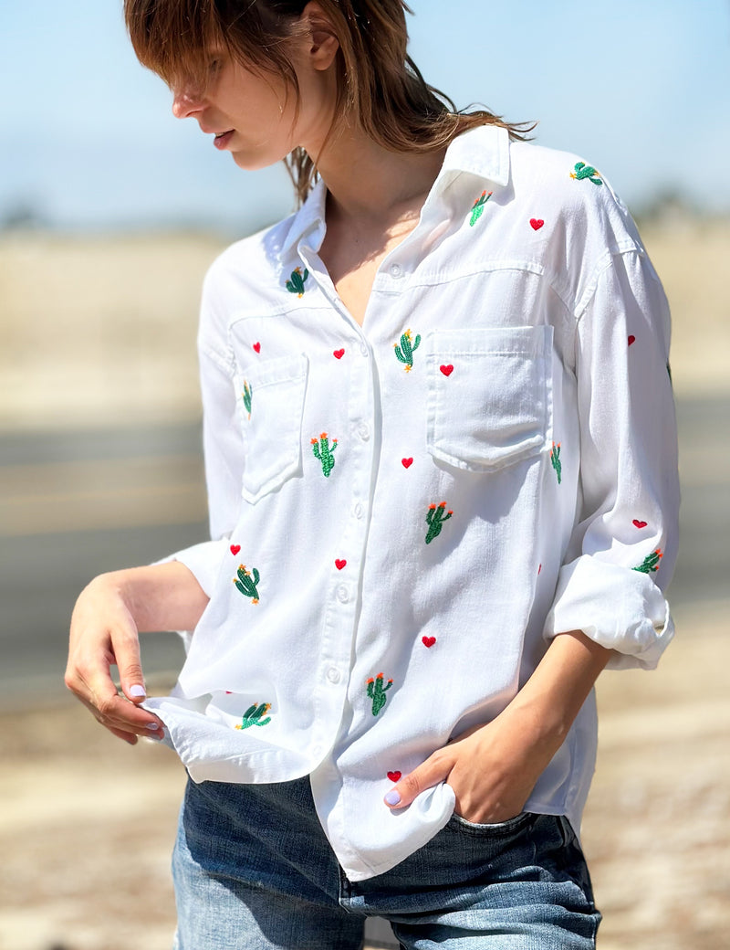 succulent button up shirt Women’s Cactus Party Shirt with Heart Embroidery – Billy T White / L