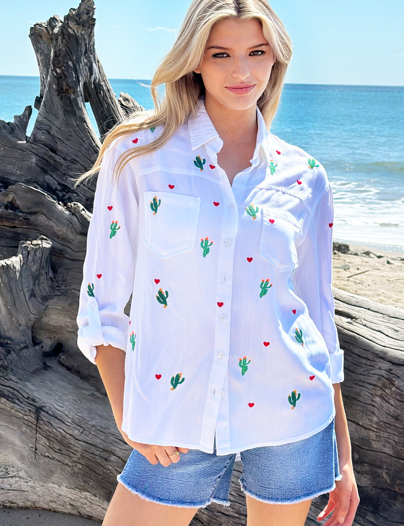 succulent button up shirt Women’s Cactus Party Shirt with Heart Embroidery – Billy T White / XL