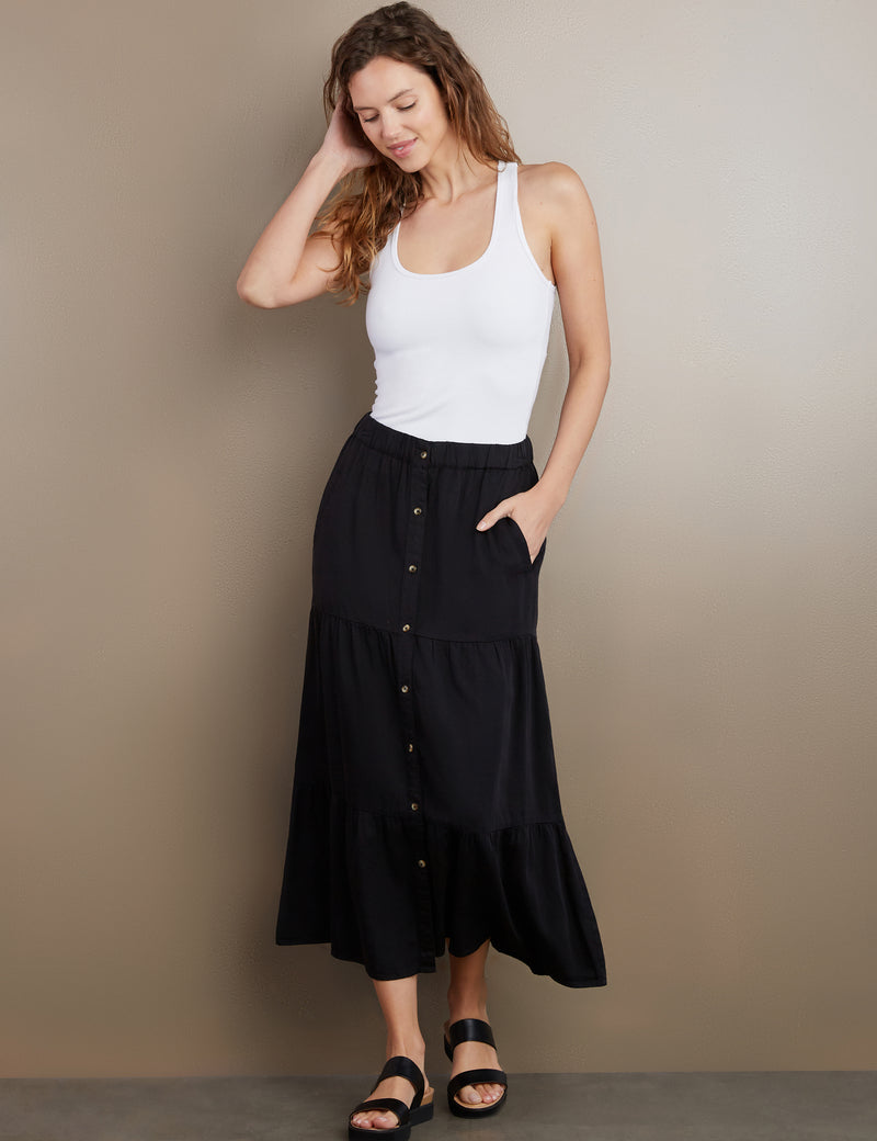 Women's Designer Tiered Button Front Maxi Skirt