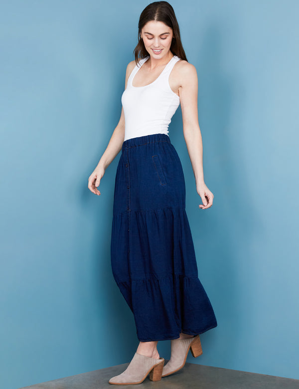 Women's Designer Tiered Raw Denim Maxi Skirt