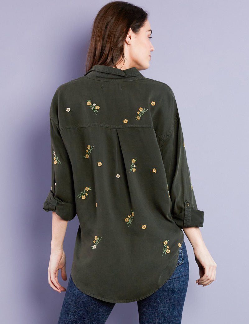 Women's Army Green Floral Embroidered Oversized Shirt