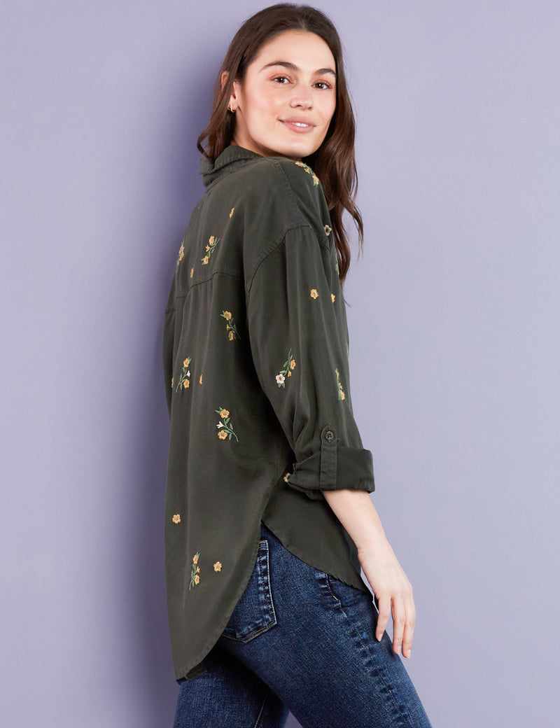 Women's Army Green Floral Embroidered Oversized Shirt