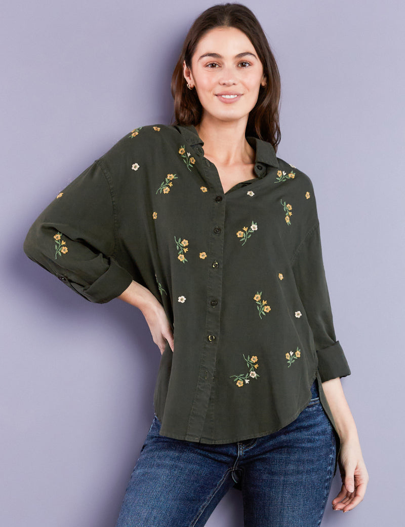 Women's Army Green Floral Embroidered Oversized Shirt