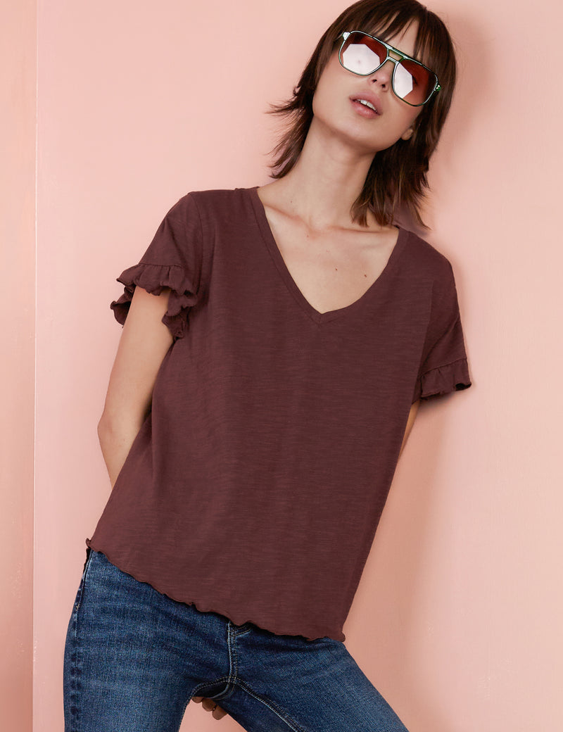 Ruffle Sleeve V-Neck Tee in Chai Tea Front View