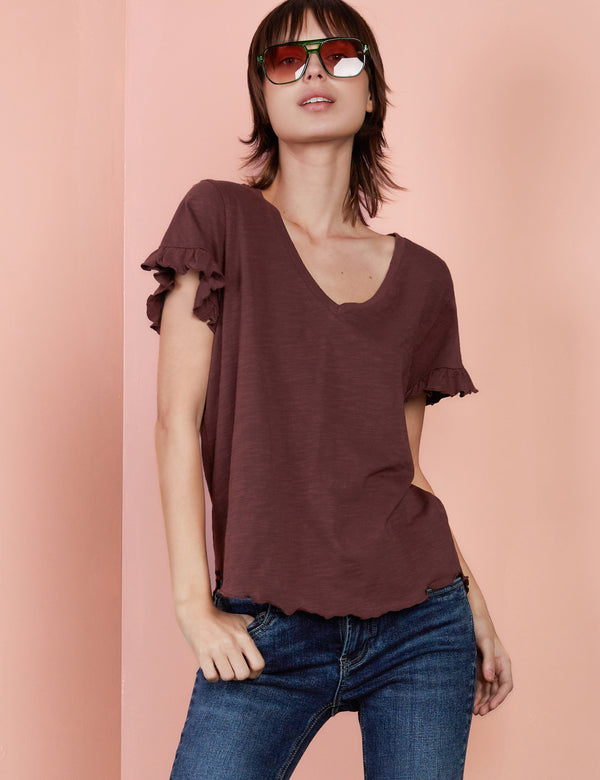 Ruffle Sleeve V-Neck Tee in Chai Tea Front View