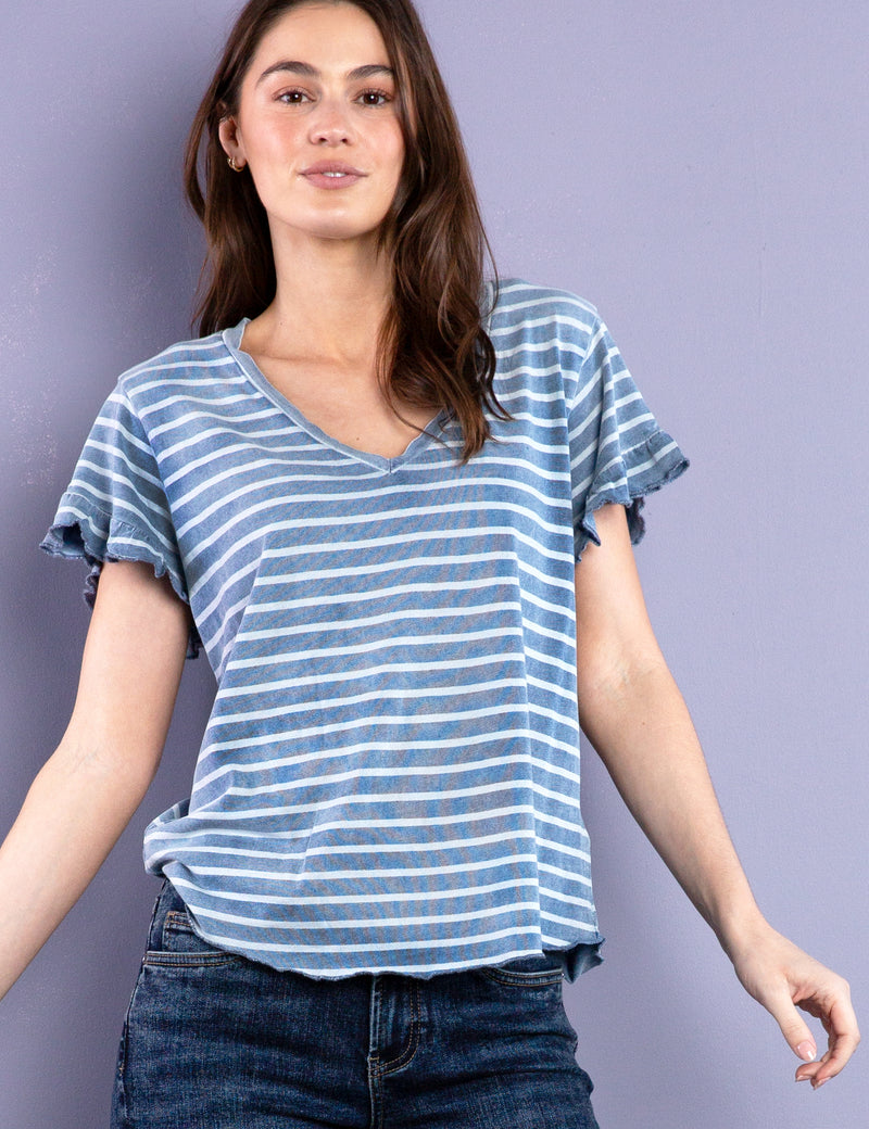 Ruffle Sleeve V-Neck Tee in Denim Stripes Front View