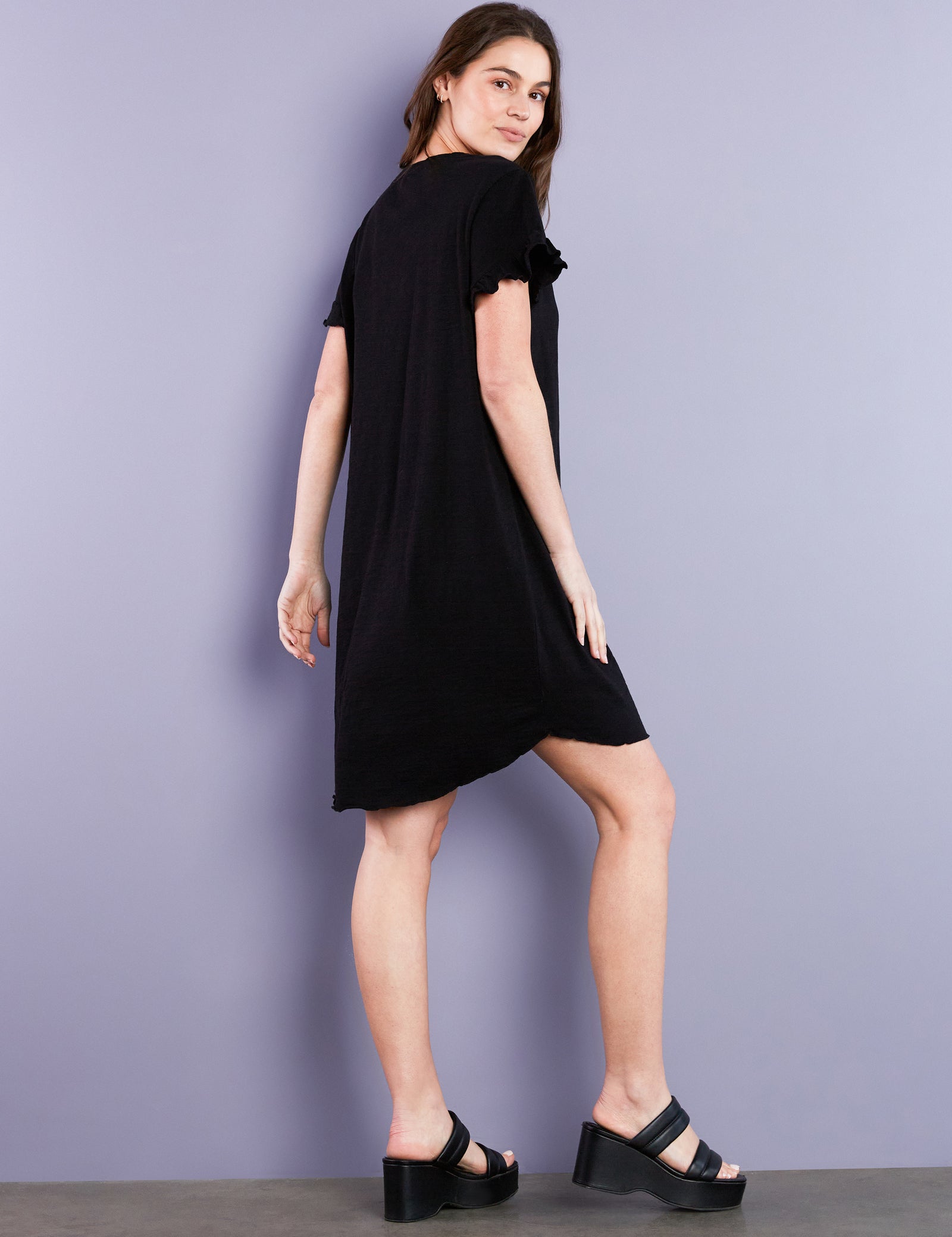 Womens Ruffle V-Neck T-Shirt Dress  Billy T Black / S