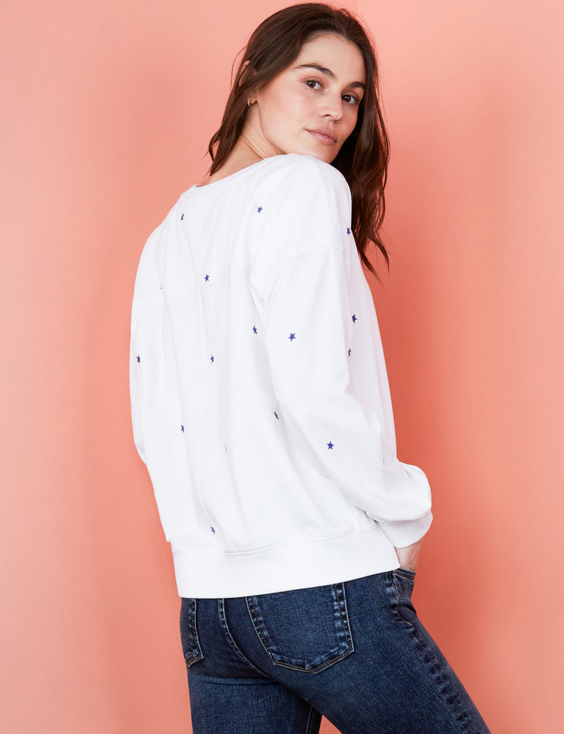 Women's Designer White Sweatshirt with Blue Star Embroidery