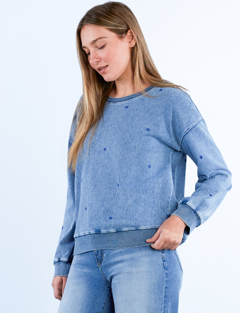 Denim Blue Star Embroidery Sweatshirt