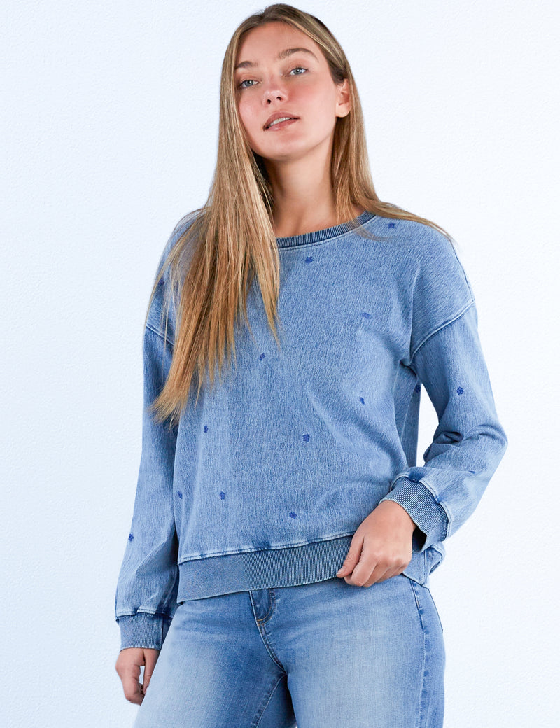 Denim Blue Star Embroidery Sweatshirt