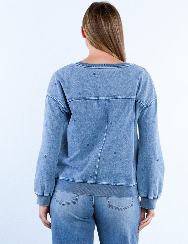 Denim Blue Star Embroidery Sweatshirt