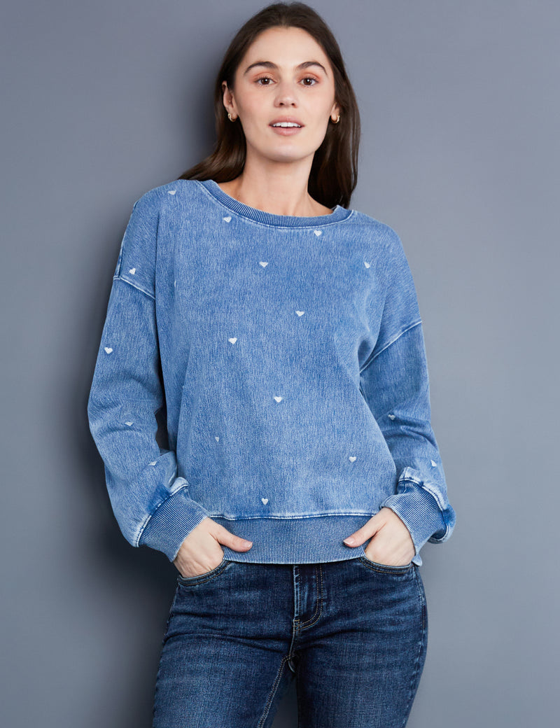 Women's Designer Blue Sweatshirt with White Hearts Embroidery