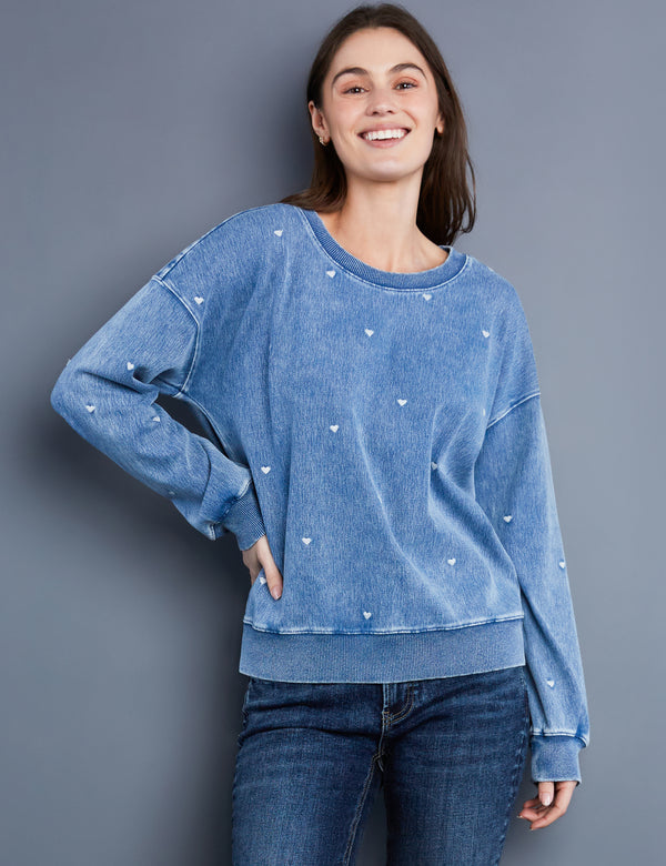 Women's Designer Blue Sweatshirt with White Hearts Embroidery