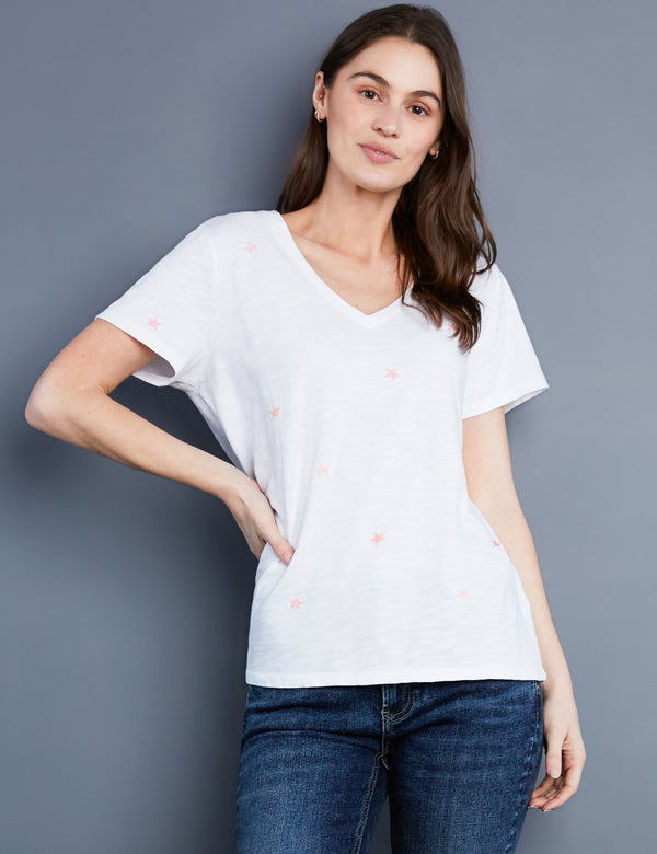 Women's Designer White V-Neck Tee with Star Embroidery