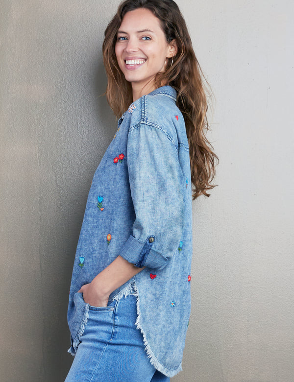 Women's Designer Chambray Button Down with Floral Embroidery