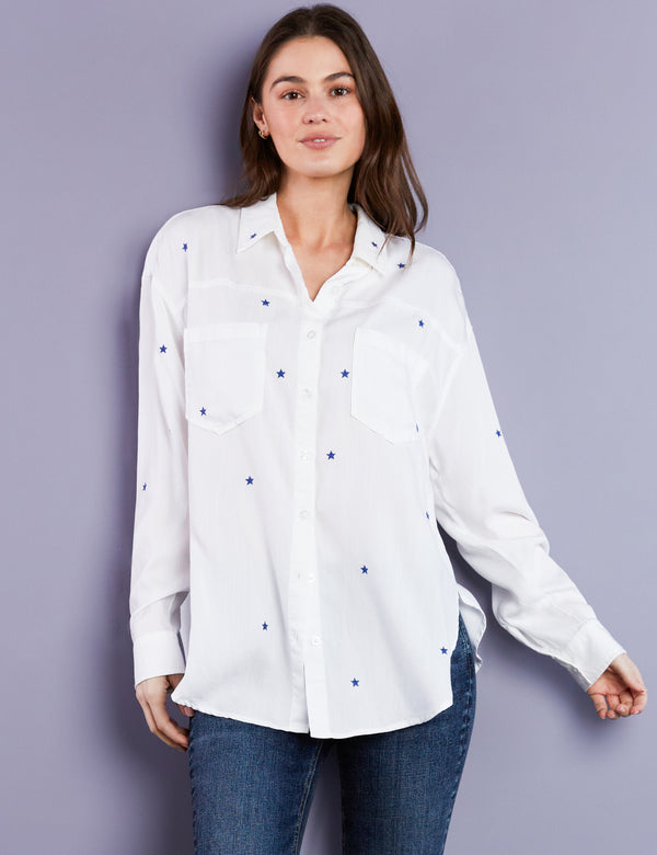 Women's Designer White Button Down Shirt with Blue Star Embroidery