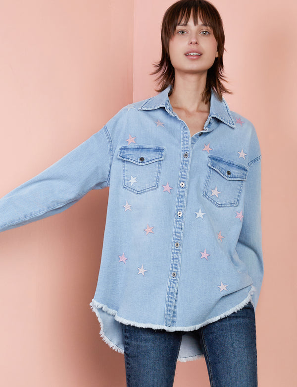 Denim Star Embroidery Shirt Front View