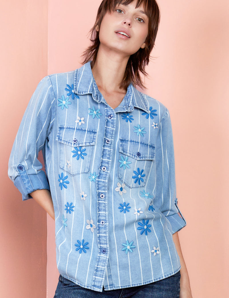 Denim Floral Embroidery Striped Shirt Front View